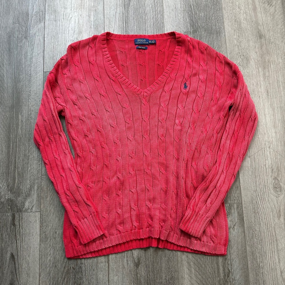 Polo Ralph Lauren Red Cable Knit V neck Sweater XS